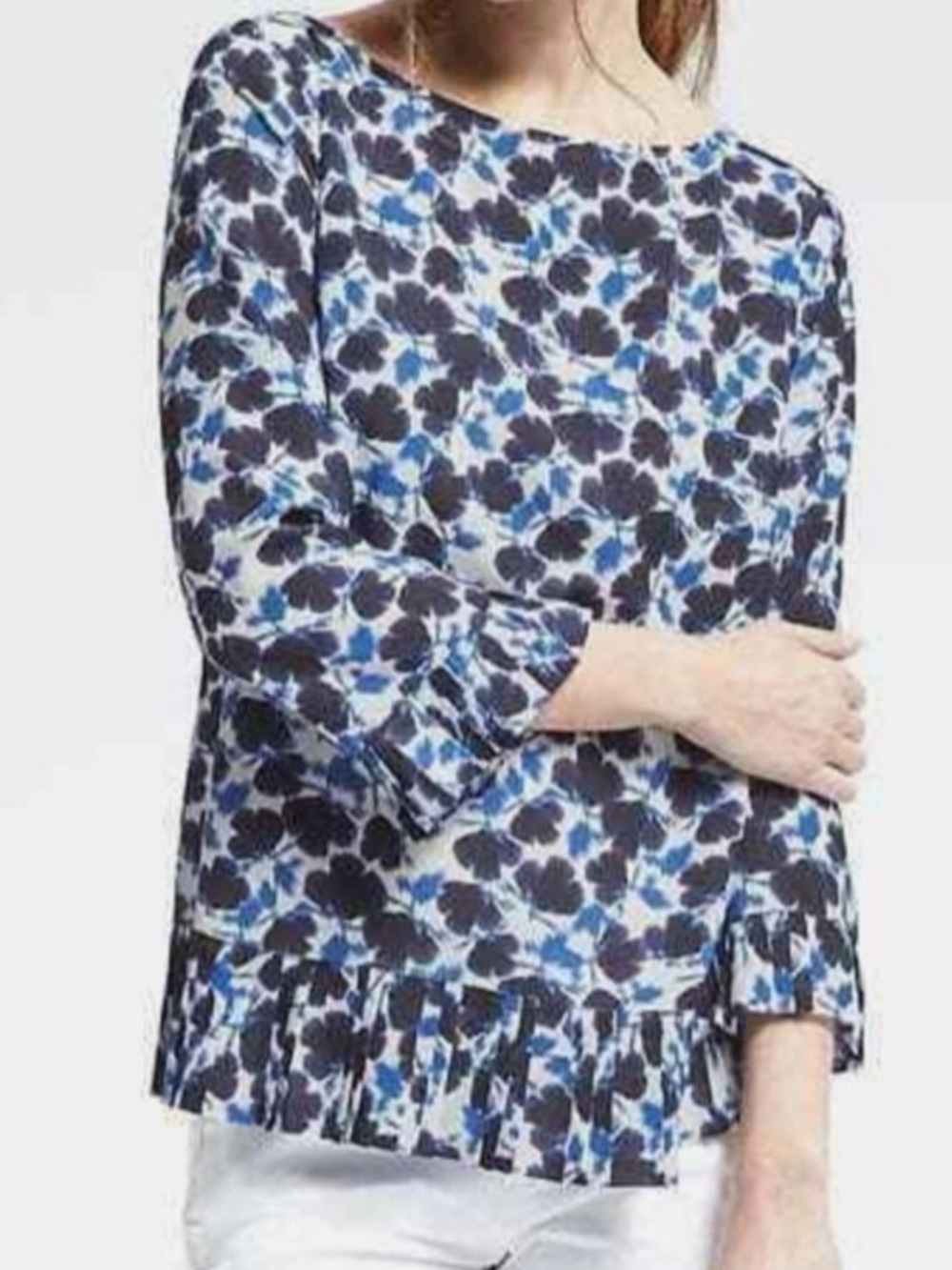 Banana Republic Abstract Floral Pleated-Hem Women's Top in Blue and Black